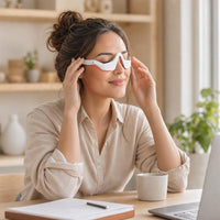 Woman adjusting eyeRlaxPRO glasses at her desk